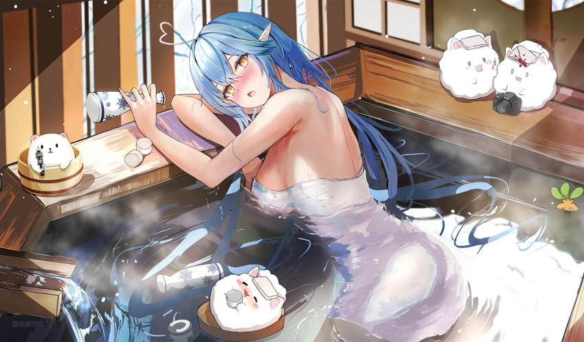 1girl ahoge back bare_arms blue_hair blush bottle breasts comiket_102 commentary_request curvy double-parted_bangs drunk eyelashes fang floating_hair gun hair_between_eyes hair_spread_out handgun heart heart_ahoge highres holding holding_bottle holding_gun holding_weapon hololive indoors large_breasts long_hair looking_at_viewer lying mugiusagi naked_towel nose_blush on_side onsen open_mouth partially_submerged pointing pointing_at_viewer pointy_ears second-party_source sideboob skin_fang solo steam towel very_long_hair video_camera virtual_youtuber water_drop weapon wet wet_hair wet_towel window winter yellow_eyes yukihana_lamy