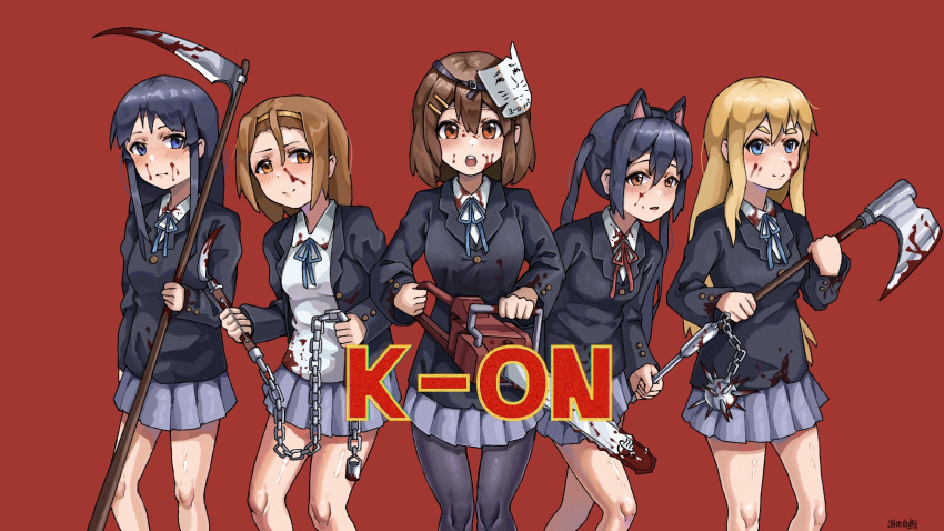 5girls akiyama_mio animal_ears black_eyes black_hair black_jacket blazer blonde_hair blood blood_on_clothes blood_on_face blue_eyes blue_ribbon brown_eyes brown_hair cat_ears chain chainsaw closed_mouth collared_shirt commentary_request cowboy_shot fake_animal_ears gbm_(white_whale) grey_skirt hair_ornament hairband hairclip highres hirasawa_yui holding holding_chain holding_chainsaw holding_scythe jacket k-on! kotobuki_tsumugi long_hair long_sleeves multiple_girls nakano_azusa neck_ribbon open_clothes open_jacket open_mouth parted_lips pleated_skirt red_background red_ribbon ribbon scythe shirt simple_background skirt smile standing tainaka_ritsu teeth thick_eyebrows twintails upper_teeth_only white_shirt yellow_hairband