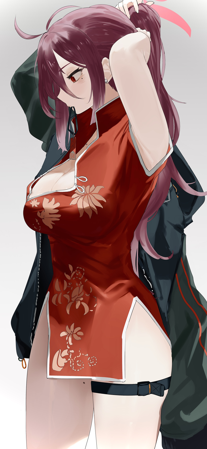 1girl absurdres adjusting_hair antenna_hair armpits arms_up blue_archive breasts china_dress chinese_clothes cleavage commentary_request dress halo highres jacket large_breasts letterman_jacket mole mole_on_collarbone mole_on_thigh mole_under_eye pelvic_curtain ponytail profile red_dress red_eyes red_hair reizyo_(blue_archive) simple_background solo thigh_strap yougashi