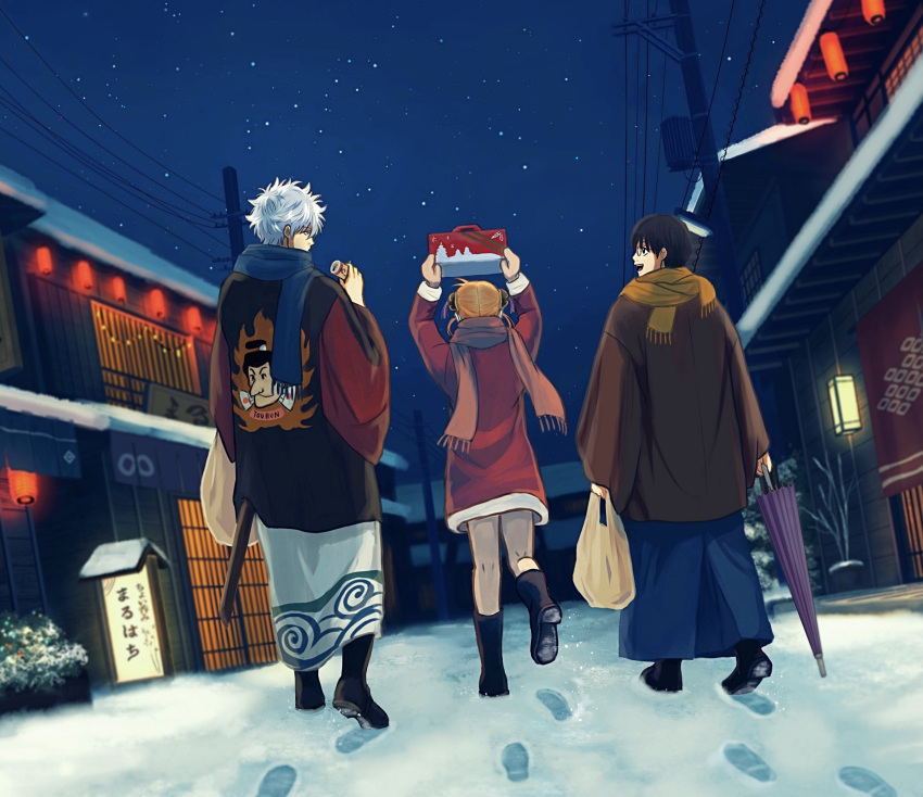 1girl 2boys bag boots can commentary_request gintama gloves highres holding holding_bag holding_can holding_umbrella kagura_(gintama) multiple_boys night night_sky official_alternate_costume outdoors sakata_gintoki scarf shimura_shinpachi shooogun sky snow snow_print star_(sky) sword translation_request umbrella weapon winter winter_clothes wooden_sword