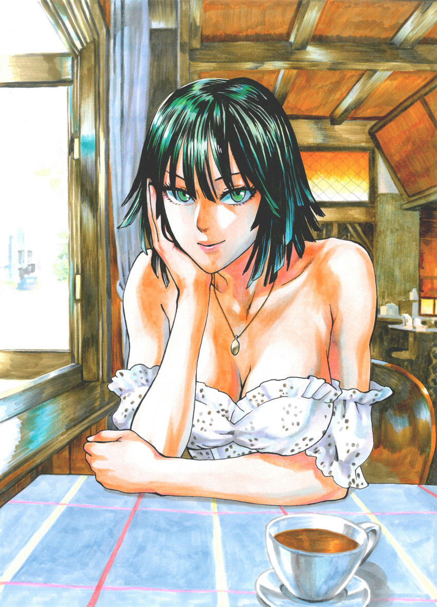 1girl absurdres breasts chair cleavage commentary cup english_commentary fetch fubuki_(one-punch_man) green_eyes green_hair head_rest highres indoors jewelry jigme_tenzin_wangchuk large_breasts marker_(medium) medium_hair necklace one-punch_man saucer short_sleeves smile solo table tablecloth teacup traditional_media upper_body window