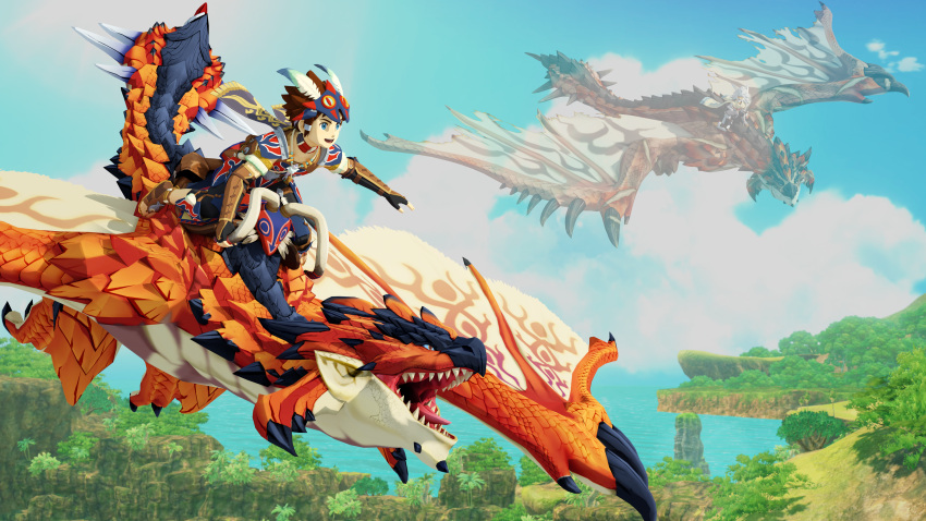16:9 2021 3d_(artwork) 4k absurd_res armor beard blue_eyes brown_hair capcom claws clothed clothing cloud detailed_background digital_media_(artwork) dragon facial_hair feral flying flying_wyvern ghost group hair headgear hi_res human ivorylagiacrus larger_feral larger_male looking_at_another male mammal membrane_(anatomy) membranous_wings monster_hunter monster_hunter_stories monster_hunter_stories_2:_wings_of_ruin mountain open_mouth outside plant rath_wyvern rathalos razewing_rathalos red_body red_scales saddle scales scalie size_difference sky smaller_human smaller_male smile spiked_tail spikes spikes_(anatomy) spirit tail teeth tongue water white_hair widescreen wings wyvern