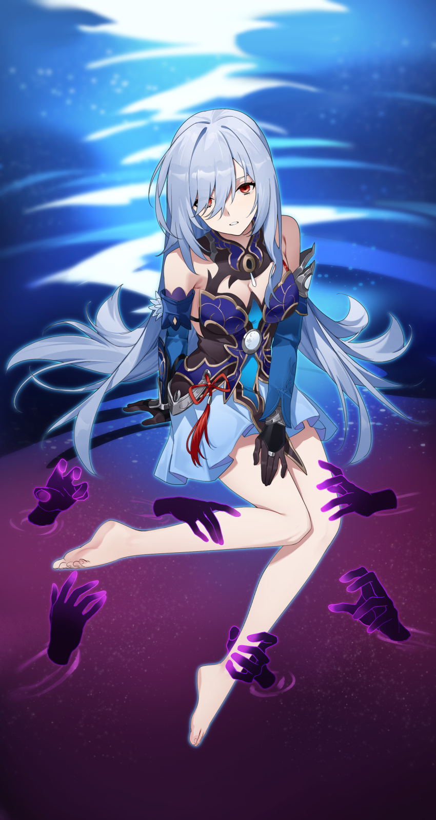 1girl absurdres bare_legs bare_shoulders barefoot black_gloves blue_sleeves detached_sleeves flower ghost_hands gloves hair_between_eyes hair_down hand_on_own_thigh heianjian highres honkai:_star_rail honkai_(series) jingliu_(honkai:_star_rail) long_hair looking_at_viewer red_eyes sitting solo water white_flower white_hair