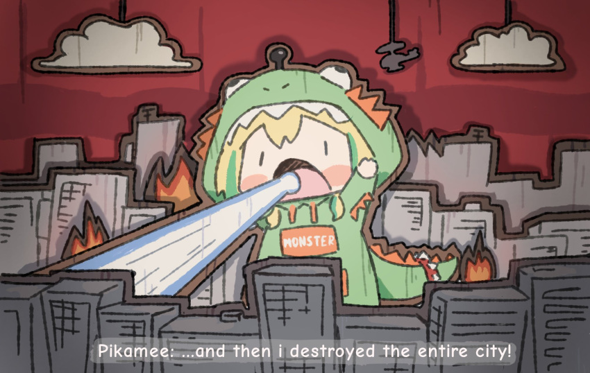 amano_pikamee arms_up battleblock_theater blonde_hair blush_stickers building cardboard_cutout chibi city commentary commission dinosaur_hood energy_beam english_commentary english_text green_hoodie highres hood hoodie multicolored_hair open_mouth skyscraper stage subtitled virtual_youtuber voms wersman |_|