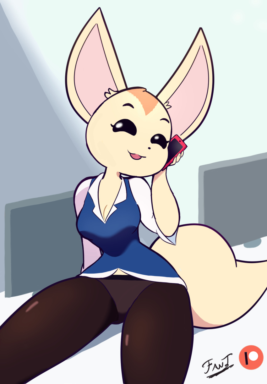 aggretsuko anthro canid canine cellphone clothing fantharubi female fennec fenneko fox hi_res legwear looking_at_viewer mammal open_mouth open_smile panties pantyhose phone sanrio sitting smartphone smile solo underwear upskirt