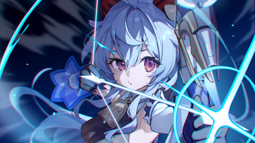 1girl amos'_bow_(genshin_impact) arrow_(projectile) bell blue_hair bow_(weapon) breasts close-up detached_sleeves drawing_bow ganyu_(genshin_impact) genshin_impact highres holding holding_bow_(weapon) holding_weapon horns long_hair looking_at_viewer medium_breasts neck_bell purple_eyes shirama_(c2h76_5) sidelocks solo upper_body weapon white_sleeves