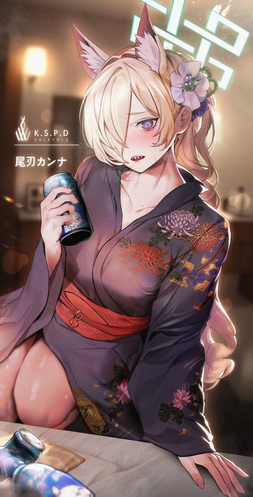 1girl absurdres animal_ear_fluff animal_ears arona_(blue_archive) asymmetrical_bangs black_kimono blonde_hair blue_archive blurry blurry_background blush breasts can character_name collarbone commentary_request floating_hair flower fox_ears hair_flower hair_ornament hair_over_one_eye halo highres holding holding_can indoors japanese_clothes joacy kanna_(blue_archive) kimono large_breasts long_bangs looking_at_viewer obi one_eye_covered ponytail sash sharp_teeth solo sweatdrop teeth yukata