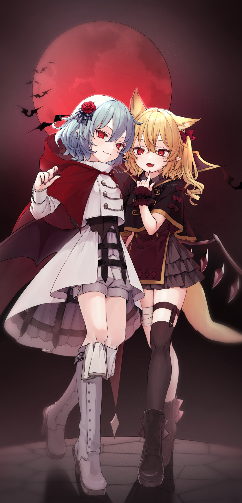 2girls absurdres alternate_costume animal_ears artist_name black_thighhighs blonde_hair blue_hair boots flandre_scarlet frilled_skirt frills full_body full_moon highres honotai looking_at_viewer moon multiple_girls pointy_ears red_eyes red_moon red_nails remilia_scarlet side_ponytail single_thighhigh skirt smile thigh_strap thighhighs touhou twitter_username white_footwear wings