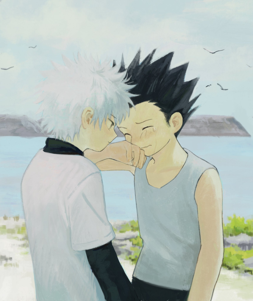 2boys black_hair crying gon_freecss highres hunter_x_hunter killua_zoldyck layered_sleeves long_sleeves looking_at_another male_child male_focus mizukiyoi multiple_boys ocean outdoors shirt short_hair short_over_long_sleeves short_sleeves spiked_hair teardrop upper_body white_hair white_shirt