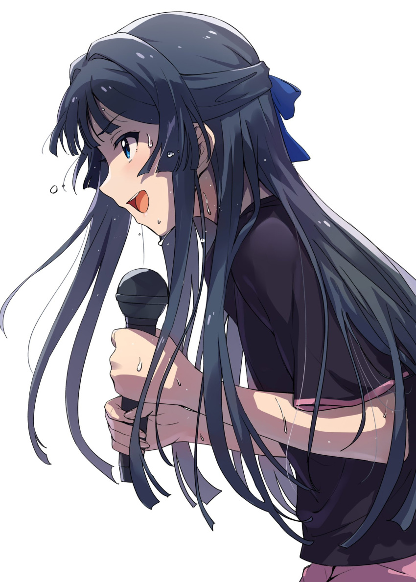 1girl ayano_yuu_(sonma_1426) black_hair blue_bow blue_eyes bow cowboy_shot hair_bow half_updo highres holding holding_microphone idolmaster idolmaster_million_live! idolmaster_million_live!_theater_days long_hair microphone mogami_shizuka music open_mouth short_sleeves simple_background singing sweatdrop