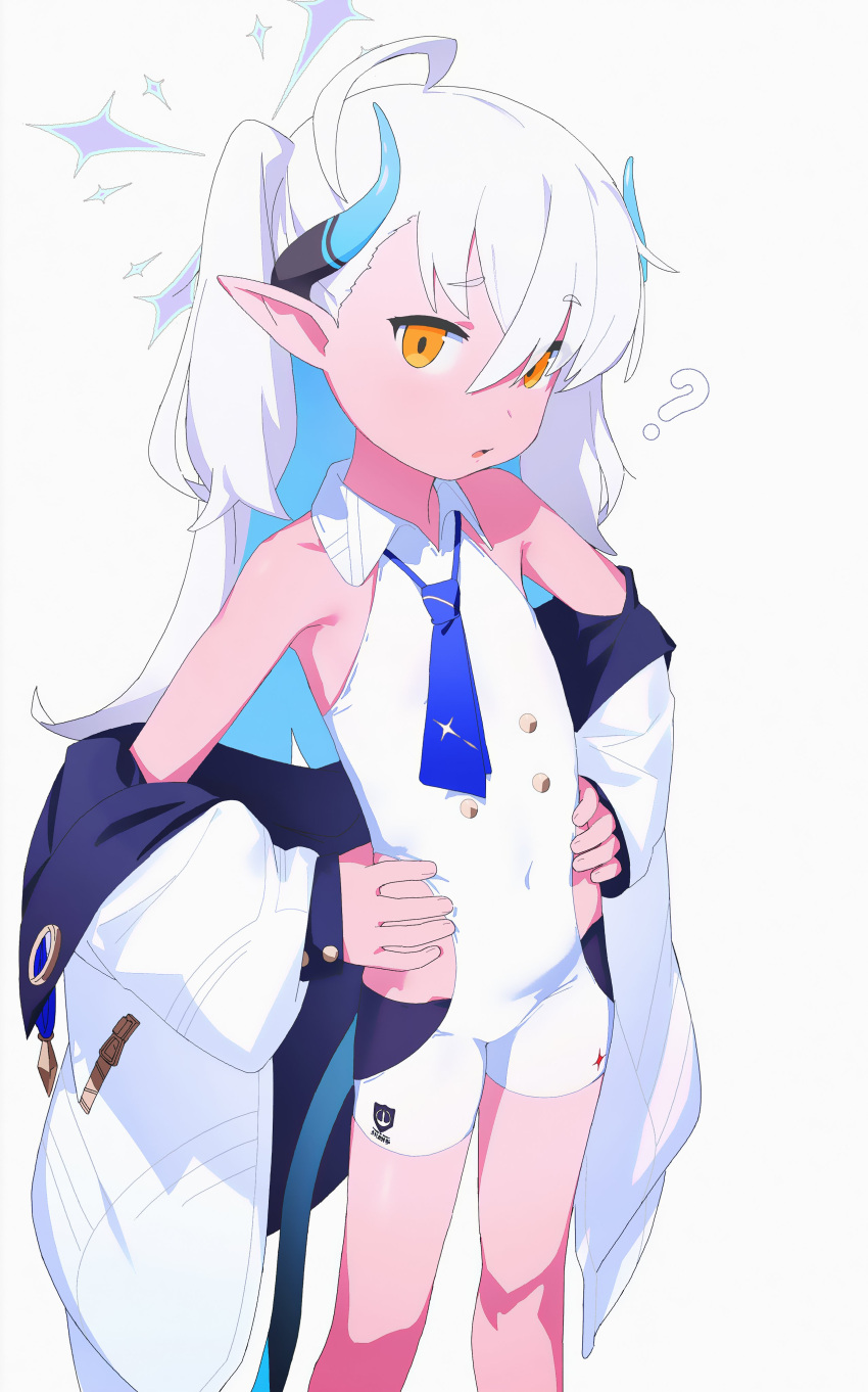 1girl ? absurdres ahoge blue_archive blue_hair coat flat_chest grey_background halo hands_on_own_hips highres hip_vent horns jiryu50610218 long_hair long_sleeves looking_at_viewer multicolored_hair off_shoulder open_clothes open_coat orange_eyes parted_lips pointy_ears simple_background solo sumomo_(blue_archive) two-tone_hair two_side_up unitard very_long_hair white_hair white_unitard