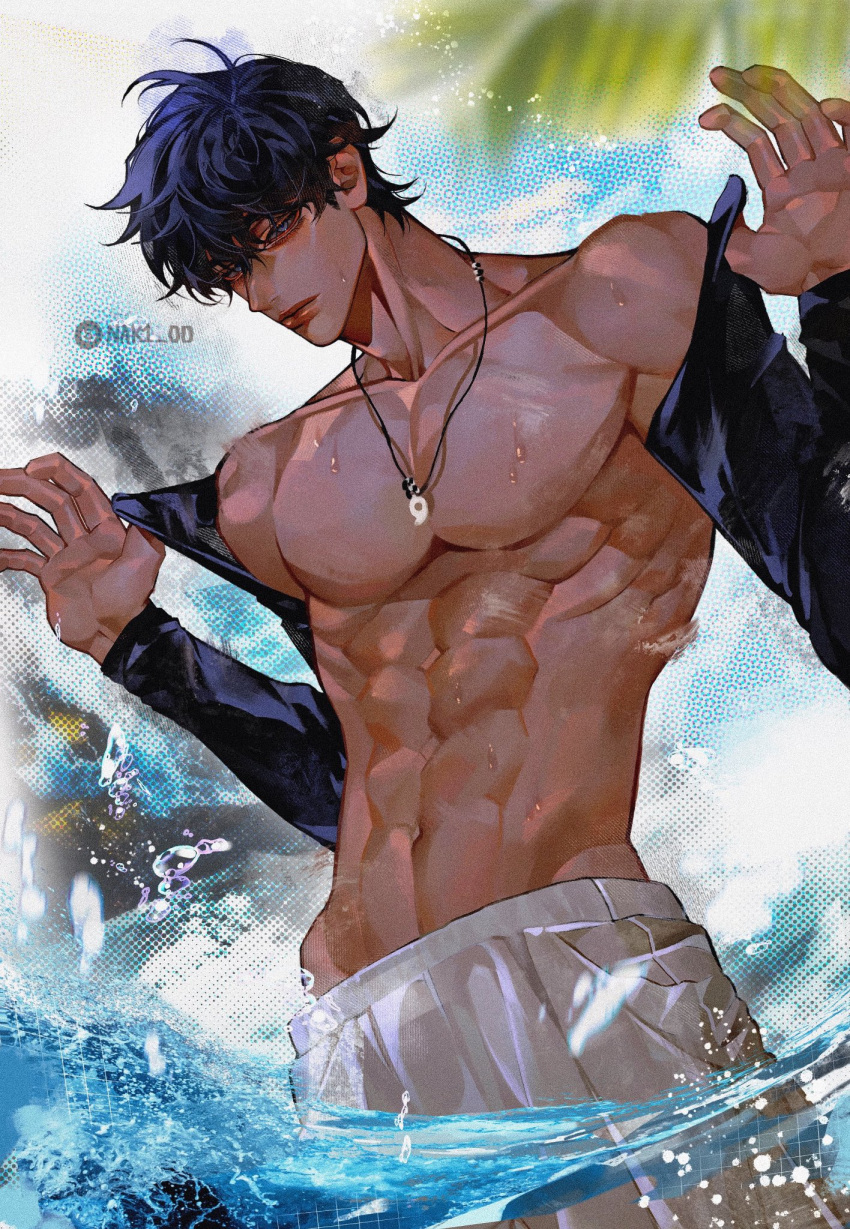 1boy abs bishounen black_hair blue_sky clothes_lift collarbone cowboy_shot expressionless garbage_time hands_up highres jewelry long_sleeves male_focus male_swimwear nak1_00 navel necklace no_nipples palm_tree pectorals pool seong_junsoo short_hair sky solo swim_trunks tan topless_male tree water water_drop watermark wet white_male_swimwear