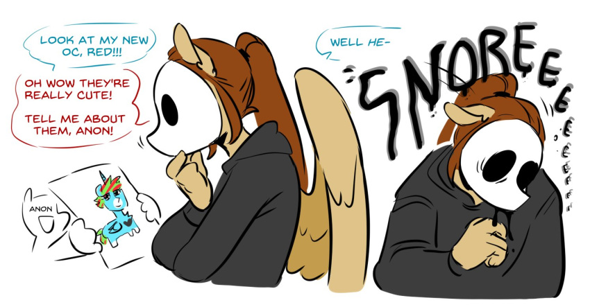 ambiguous_gender anon black_eyes brown_hair clothing equid equine fan_character female hair hasbro hoodie horn mammal mask my_little_pony pegasus ponytail red_(redxbacon) redxbacon sleeping topwear winged_unicorn wings