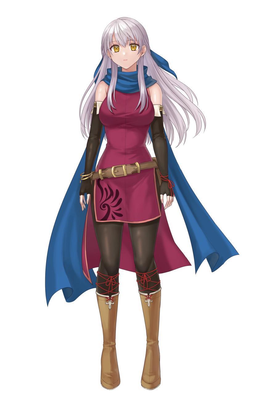 1girl absurdres alternate_breast_size bare_shoulders belt black_gloves black_leggings blue_scarf boots bracelet breasts dress elbow_gloves expressionless fingerless_gloves fire_emblem fire_emblem:_radiant_dawn full_body gloves grey_hair hair_ribbon half_updo hazuki_(nyorosuke) highres jewelry large_breasts leggings long_hair micaiah_(fire_emblem) pantyhose ribbon scarf side_slit simple_background sleeveless sleeveless_dress solo white_background yellow_eyes