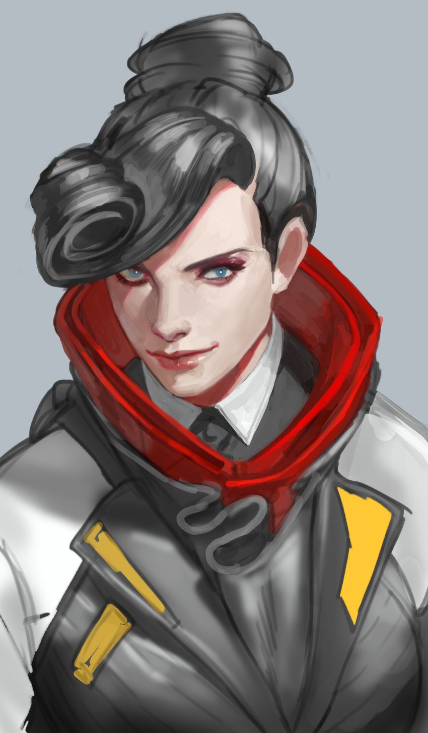 1girl absurdres apex_legends black_jacket black_necktie black_shirt blue_eyes collared_shirt grey_background hair_behind_ear hair_bun high_class_wraith highres jacket looking_at_viewer lsr necktie official_alternate_costume portrait realistic shirt single_hair_bun smile solo v-shaped_eyebrows wraith_(apex_legends)