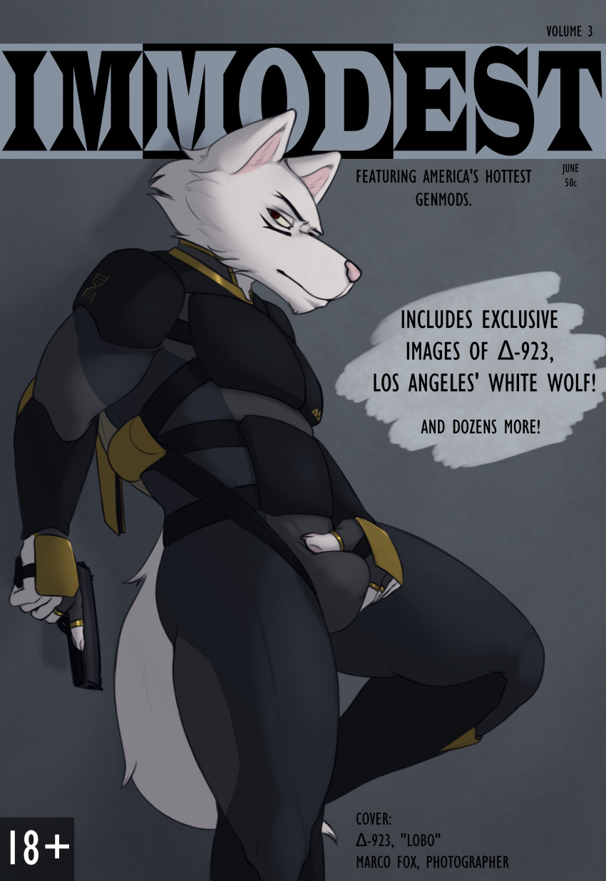 2023 absurd_res anthro armor biped bulge butt canid canine canis clothed clothing cover digital_media_(artwork) english_text fully_clothed fur gun handgun hi_res holding_gun holding_object holding_weapon lobo_(marcofox) magazine_cover male mammal marcofox pink_nose pinup pistol pose ranged_weapon solo text weapon white_body white_fur wolf