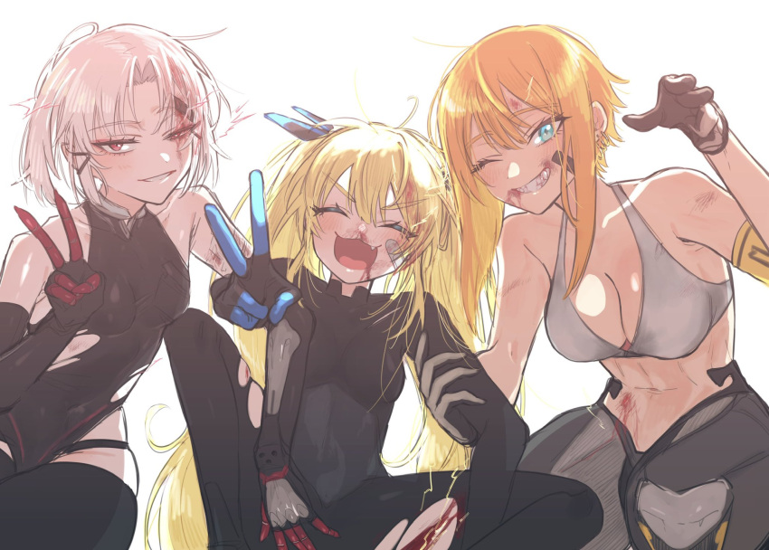 3girls :3 ahoge armband bandaid bandaid_on_cheek bandaid_on_face bare_shoulders black_bodysuit black_gloves black_leotard black_thighhighs blonde_hair blood blood_from_mouth blood_on_face blue_eyes bodysuit breasts cleavage closed_mouth collarbone commentary_request covered_collarbone drake_(nikke) ear_piercing elbow_gloves fang gloves goddess_of_victory:_nikke grey_sports_bra grin hair_between_eyes hair_ornament hairclip highleg highleg_leotard highres jewelry laplace_(nikke) leotard long_hair looking_at_viewer maxwell_(nikke) mechanical_legs medium_breasts midriff multiple_girls navel nikumanman no_headwear nosebleed one_eye_closed open_mouth parted_bangs piercing red_eyes short_hair short_hair_with_long_locks sidelocks simple_background sitting small_breasts smile sports_bra squatting teeth thighhighs torn_bodysuit torn_clothes torn_leotard twintails two-tone_gloves v white_background white_hair
