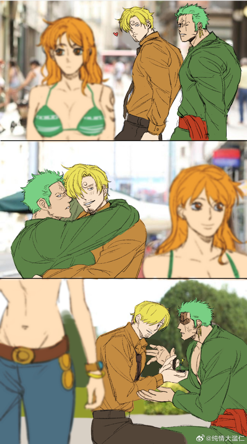 1girl 2boys anger_vein arms_around_neck bara blurry blurry_foreground bra breasts curly_eyebrows distracted distracted_boyfriend_(meme) feet_out_of_frame goatee_stubble green_hair green_kimono highres japanese_clothes kimono looking_at_another marriage_proposal meme multiple_boys muscular muscular_male nami_(one_piece) one_piece pants parody_request pectoral_cleavage pectorals roronoa_zoro sanji_(one_piece) scar scar_across_eye short_hair sparkle sweetdou3 toned toned_male underwear upper_body yaoi