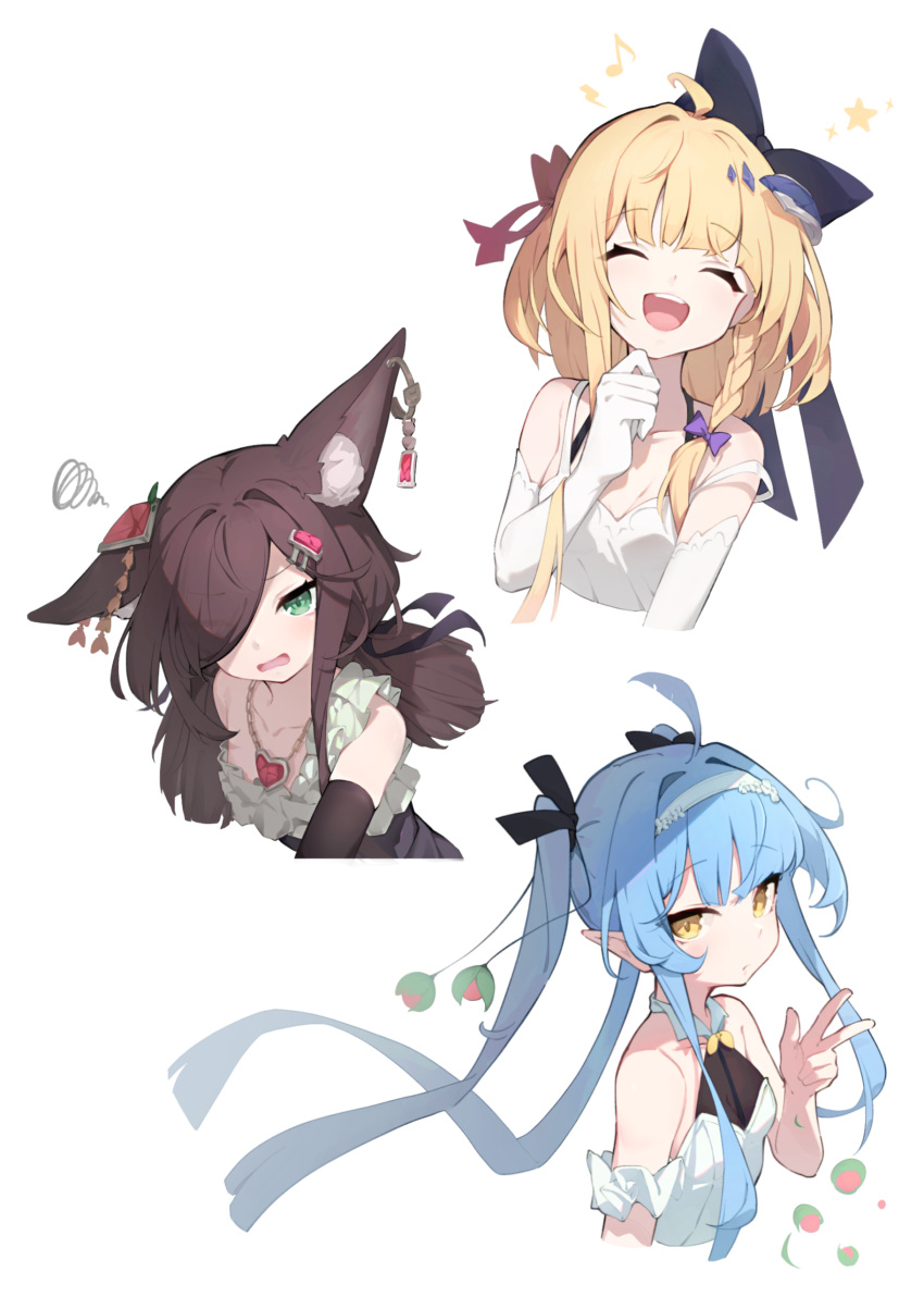 3girls :d ^_^ absurdres ahoge animal_ear_fluff animal_ears bare_shoulders black_bow black_ribbon blonde_hair blue_hair bow braid breasts brown_hair cleavage closed_eyes closed_mouth collarbone cropped_torso dress elbow_gloves floating_hair gloves green_eyes hair_bow hair_over_one_eye hair_ribbon hairband heart heart_necklace highres jewelry long_hair mishuo_(misuo69421) multiple_girls necklace original purple_bow ribbon simple_background single_braid sleeveless sleeveless_dress small_breasts smile squiggle strap_slip upper_body very_long_hair w white_background white_dress white_gloves white_hairband yellow_eyes