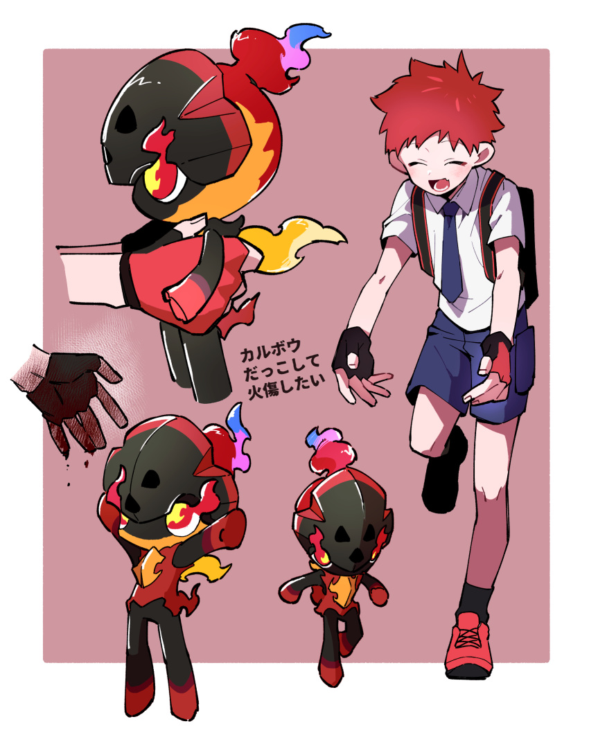 1boy black_gloves black_socks blue_necktie blue_shorts charcadet closed_eyes fingerless_gloves florian_(pokemon) gloves highres multiple_views necktie nploser open_mouth pokemon pokemon_(creature) pokemon_(game) pokemon_sv red_gloves red_hair school_uniform shirt short_sleeves shorts smile socks uva_academy_school_uniform white_shirt