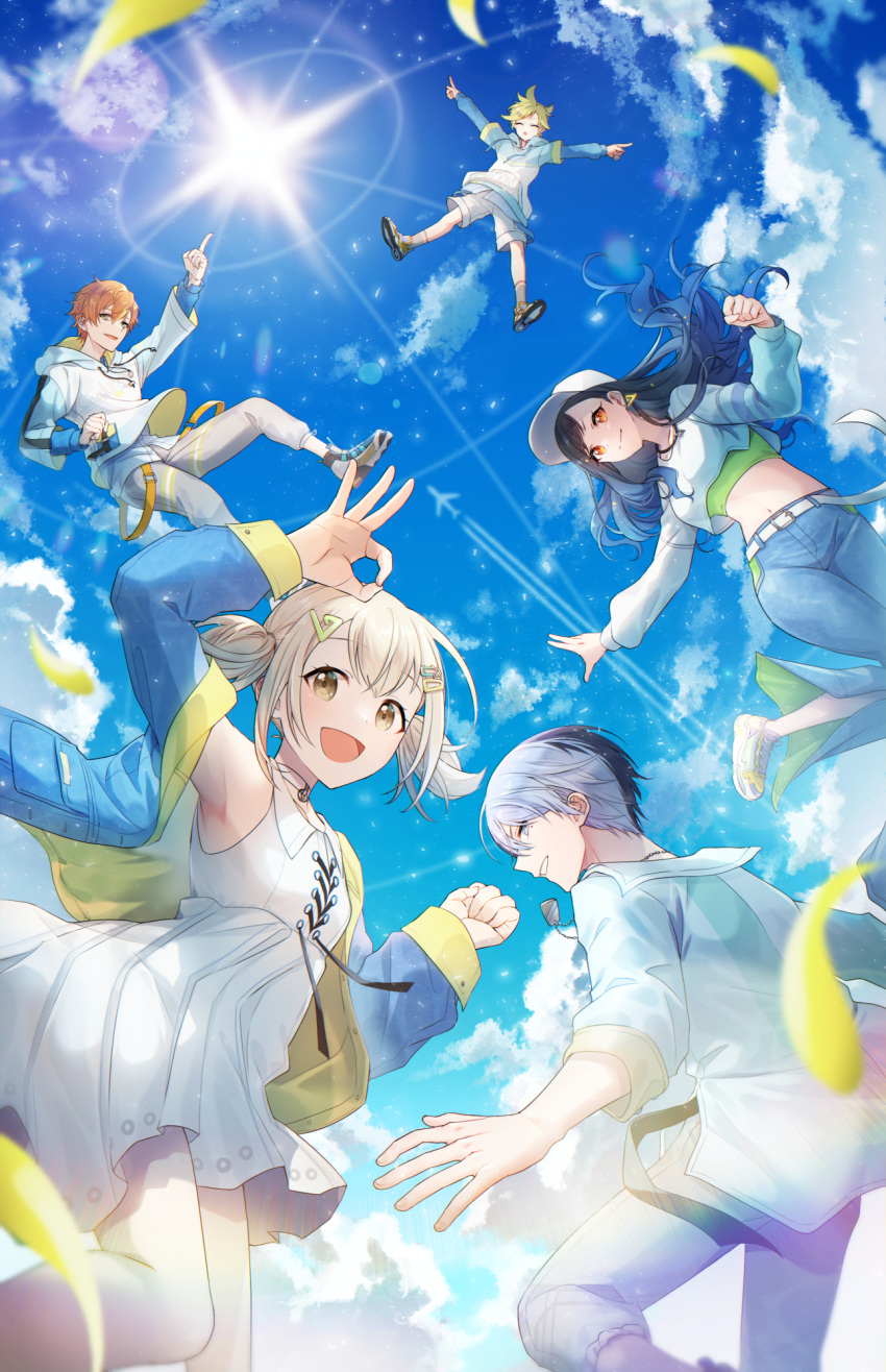 2girls 3boys aoyagi_touya armpits azusawa_kohane baseball_cap belt black_hair blonde_hair blue_hair brown_eyes clenched_hand closed_eyes closed_mouth cloud commentary dark_blue_hair drawstring dress flyer_(vocaloid) grey_eyes hair_ornament hairclip hat highres hood hood_down hoodie index_finger_raised jacket jewelry kagamine_len legend_still_vivid_(project_sekai) long_hair looking_at_viewer mole mole_under_eye multicolored_hair multiple_boys multiple_girls navel necklace official_alternate_costume offtoon12 ok_sign open_clothes open_jacket open_mouth orange_eyes orange_hair project_sekai shinonome_akito shiraishi_an short_hair short_twintails shorts sky sleeveless sleeves_past_elbows smile stomach streaked_hair teeth twintails two-tone_hair very_long_hair vivid_bad_squad_(project_sekai) vivid_bad_squad_len white_belt white_dress white_headwear