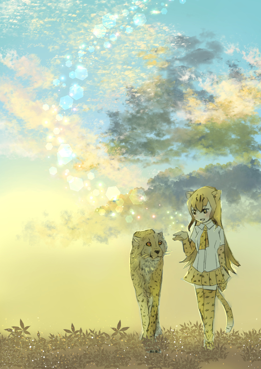 1girl animal animal_ears animal_print arm_at_side black_hair blonde_hair cheetah cheetah_(kemono_friends) cheetah_ears cheetah_girl cheetah_print cheetah_tail collared_shirt colored_inner_hair creature_and_personification day elbow_gloves ena_jura full_body gloves hair_between_eyes hand_up highres kemono_friends long_hair looking_at_another miniskirt multicolored_hair necktie outdoors parted_bangs pleated_skirt print_gloves print_necktie print_skirt print_thighhighs scenery shirt shoes short_sleeves side-by-side skirt sky tail thighhighs very_long_hair walking white_shirt wing_collar yellow_eyes zettai_ryouiki