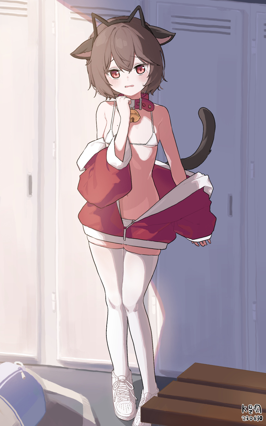 1girl absurdres animal_collar animal_ears bag bare_shoulders bell belly bikini bikini_under_clothes blush breasts brown_hair cat_ear_hairband cat_ears cat_tail collar commentary_request commission dated duffel_bag embarrassed fake_animal_ears full_body hair_between_eyes hand_on_own_neck highres indoors jacket korean_commentary locker locker_room looking_at_viewer medium_hair micro_bikini mole mole_on_breast mole_under_eye myeolchi navel neck_bell off_shoulder original prunechi red_collar red_eyes red_jacket second-party_source shoes signature small_breasts sneakers solo stomach swimsuit tail thighhighs undressing wavy_mouth white_bikini white_footwear white_thighhighs