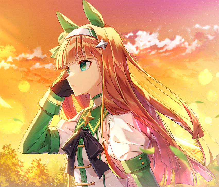 1girl animal_ears black_gloves black_ribbon blunt_bangs closed_mouth cloud cloudy_sky commentary ear_covers gloves hairband hand_in_own_hair highres horse_ears horse_girl leaf lens_flare light_frown light_particles long_hair long_sleeves looking_to_the_side neck_ribbon orange_hair orange_sky outdoors ribbon shirt shye silence_suzuka_(umamusume) sky solo standing straight_hair twilight umamusume white_shirt wind