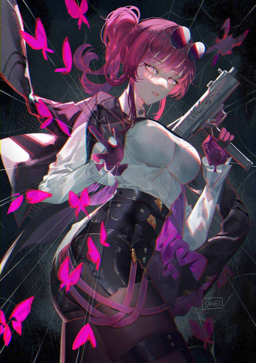 1girl absurdres artist_name black_shorts bug butterfly commentary cowboy_shot eyewear_on_head gloves gun hand_up high-waist_shorts highres holding holding_gun holding_weapon honkai:_star_rail honkai_(series) jacket jacket_on_shoulders kafka_(honkai:_star_rail) long_hair long_sleeves looking_at_viewer machine_pistol pantyhose parted_lips pink_eyes ponytail purple_gloves purple_hair round_eyewear shei99 shirt shorts silk solo spider_web sunglasses weapon white_shirt