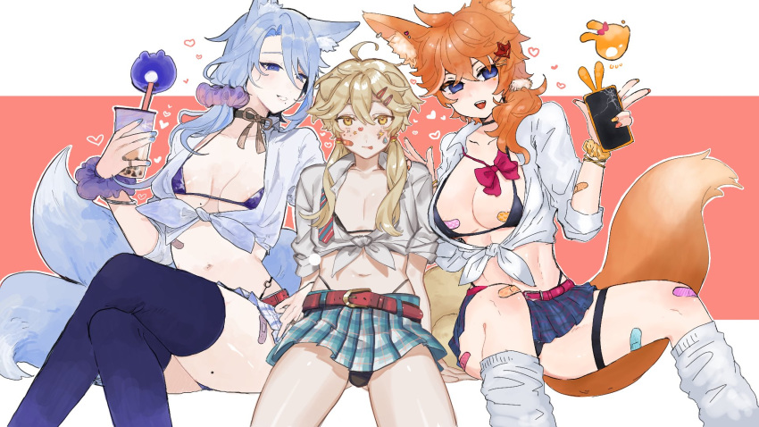 1boy aether_(genshin_impact) ahoge animal_ears areola_slip bandaid belt bikini blank_eyes blonde_hair blue_eyes blue_hair blue_nails blue_thighhighs blush breasts bubble_tea cellphone choker closed_mouth commentary_request contemporary cracked_screen crossdressing crossed_legs cup dog_boy dog_ears dog_tail fox_ears fox_girl fox_tail genderswap genderswap_(mtf) genshin_impact hair_ornament hair_scrunchie hairclip heart highres holding holding_cup holding_phone kamisato_ayato kneehighs large_breasts long_hair looking_at_viewer loose_necktie loose_socks midriff mole mole_on_thigh mole_under_mouth navel necktie ohkrkr_z open_clothes open_shirt orange_hair orange_nails otoko_no_ko pectorals phone pink_background pinky_ring pleated_skirt school_uniform scrunchie seelie_(genshin_impact) side_ponytail simple_background sitting skirt smartphone smile socks sticker_on_face swimsuit tail tartaglia_(genshin_impact) tassel teeth thighhighs tongue tongue_out twintails upper_teeth_only v white_background white_socks wolf_ears wolf_girl wolf_tail wrist_scrunchie yellow_eyes