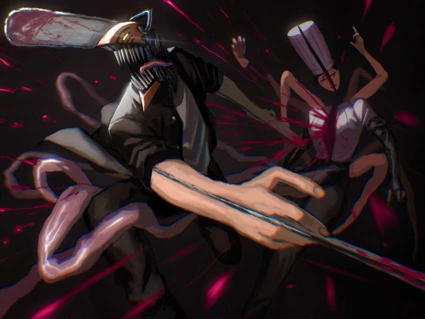 1boy 1girl apron arthropod_limbs bisected black_apron black_background black_hair blood blood_from_eyes blood_spray chainsaw chainsaw_man chef_hat denji_(chainsaw_man) disembodied_head extra_arms falling_devil_(chainsaw_man) flat_top_chef_hat gakuran hat highres holding_head intestines kota_2kx open_mouth school_uniform severed_head sharp_teeth short_hair teeth tongue tongue_out waist_apron