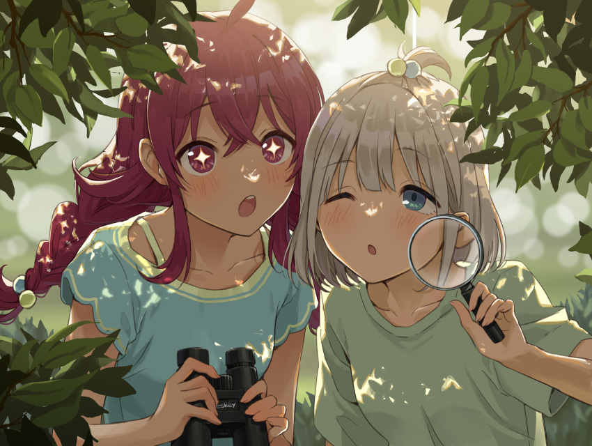 +_+ 2girls :o ;o ahoge binoculars blue_eyes blue_shirt blush braid breasts collarbone commentary_request dappled_sunlight green_shirt grey_hair hair_flaps highres holding holding_binoculars holding_magnifying_glass idolmaster idolmaster_shiny_colors komiya_kaho leaf magnifying_glass momomoi_momoi multiple_girls nature one_eye_closed open_mouth outdoors parted_lips red_eyes red_hair serizawa_asahi shirt short_hair sidelocks small_breasts sunlight topknot twin_braids upper_body