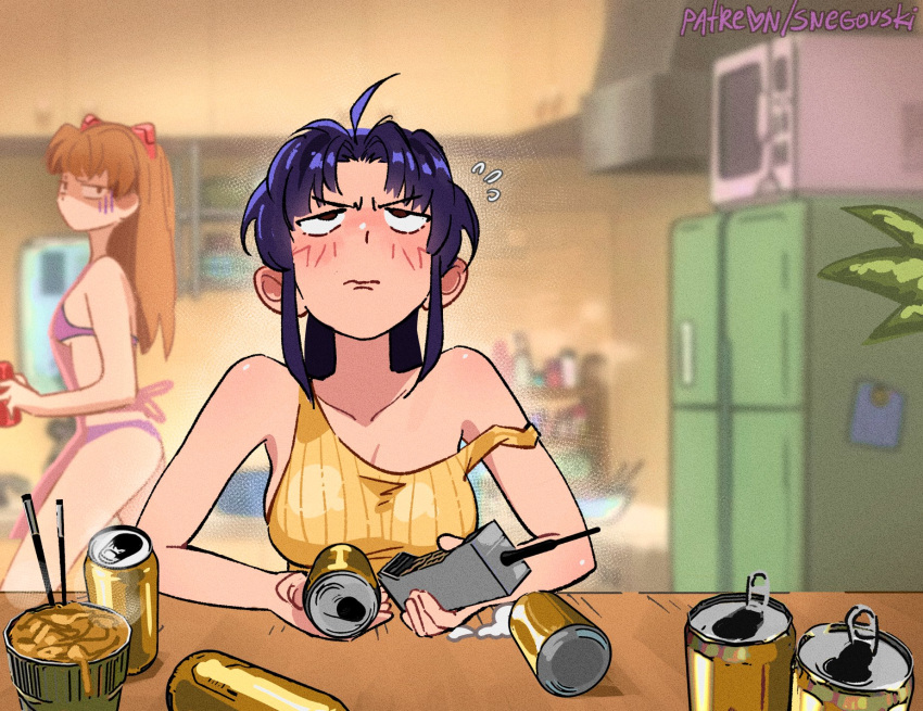 2girls annoyed blush breasts can closed_mouth drunk highres holding holding_can holding_phone instant_ramen katsuragi_misato kitchen looking_up multiple_girls neon_genesis_evangelion orange_hair panties phone pink_panties purple_hair refrigerator snegovski souryuu_asuka_langley table underwear