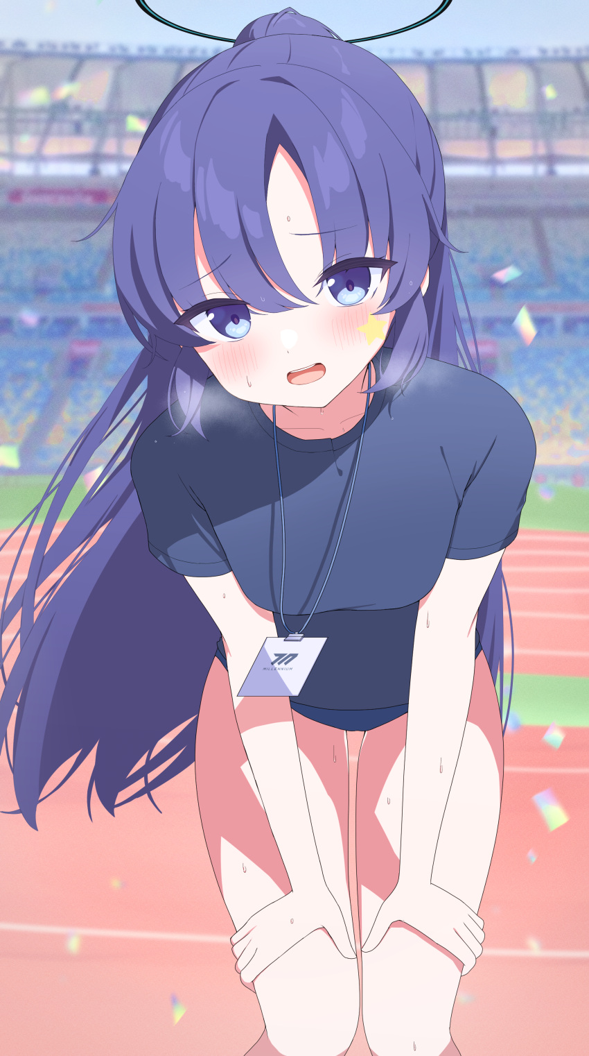 1girl aamana0 absurdres black_shirt blue_archive blue_buruma blush breasts breath buruma commentary confetti facepaint half_updo halo hands_on_own_thighs highres lanyard leaning_forward looking_at_viewer medium_breasts official_alternate_costume outdoors ponytail purple_eyes purple_hair running_track shirt solo stadium star_(symbol) sweatdrop yuuka_(blue_archive) yuuka_(track)_(blue_archive)