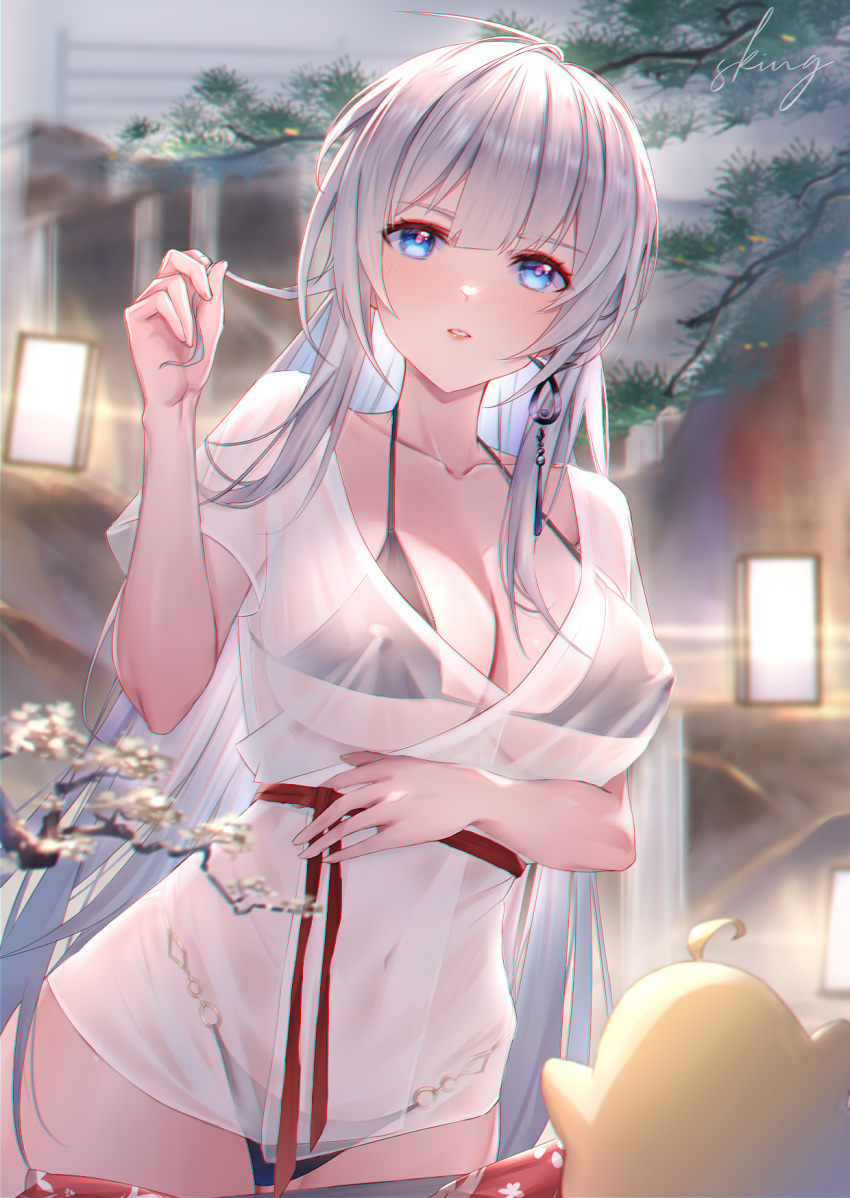 1girl arm_under_breasts azur_lane bikini bikini_under_clothes bird black_bikini blue_eyes blush breasts chick cleavage collarbone commentary_request covered_nipples cowboy_shot earrings hand_up highres holding holding_hair jewelry lantern large_breasts long_hair looking_at_viewer mainz_(azur_lane) mainz_(the_silkiest_brew)_(azur_lane) manjuu_(azur_lane) navel o-ring o-ring_bikini official_alternate_costume onsen paper_lantern parted_lips red_sash sash see-through see-through_shirt sidelocks signature single_earring sking standing stomach swimsuit swimsuit_under_clothes tree very_long_hair white_hair