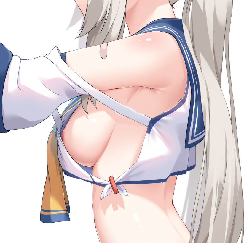 1girl ayanami_(azur_lane) ayanami_(retrofit)_(azur_lane) azur_lane bandaid bandaid_on_arm bandaid_on_shoulder bare_shoulders blonde_hair breasts crop_top detached_sleeves facing_to_the_side from_side hand_up highres long_hair medium_breasts midriff neckerchief no_bra ponytail retrofit_(azur_lane) sailor_collar school_uniform serafuku shirt sideboob sideless_outfit sironora solo upper_body very_long_hair white_shirt yellow_neckerchief
