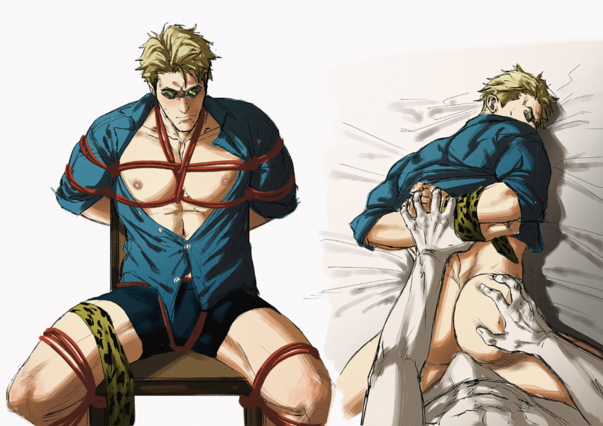 2boys ass bara bare_pectorals bed black_male_underwear blonde_hair blue_shirt bottomless bound bound_arms bound_legs bound_wrists closed_mouth collared_shirt goggles highres jujutsu_kaisen large_pectorals male_focus male_underwear multiple_boys muscular muscular_male naked_shirt nanami_kento necktie nipples on_bed pectorals red_rope rope sex sex_from_behind shibari shirt short_hair sitting smokerichi solo_focus underwear yaoi