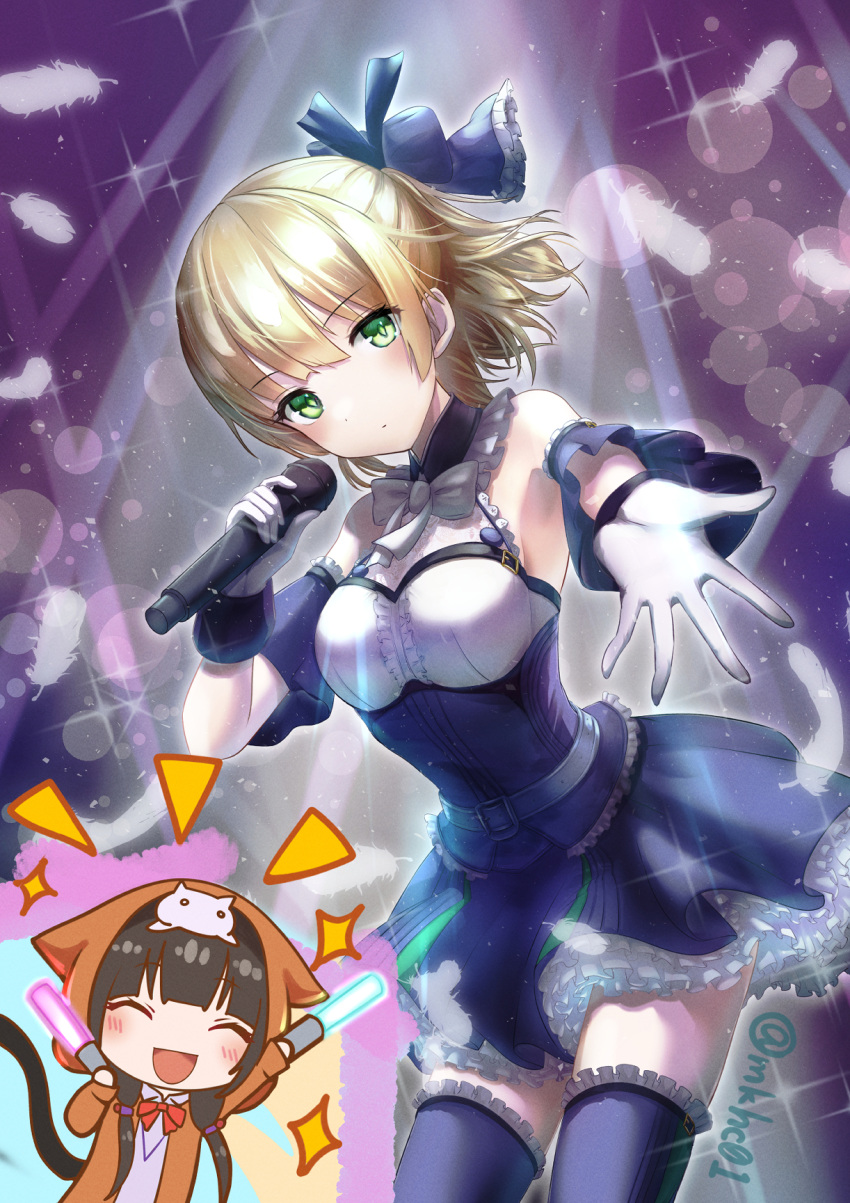 asakura_karen_(heaven_burns_red) black_bow black_skirt black_thighhighs blonde_hair bow breasts feathers gloves green_eyes hair_bow heaven_burns_red highres idol microphone mkhc01 nanase_nanami_(heaven_burns_red) short_hair skirt small_breasts solo_focus thighhighs white_bow white_gloves