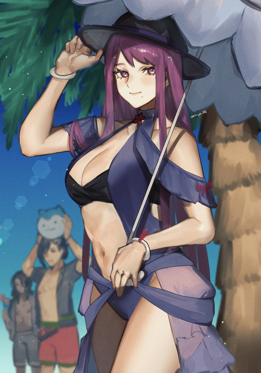 1girl 2boys bare_shoulders black_headwear blue_one-piece_swimsuit breasts cleavage clothing_cutout commentary_request dress dress_swimsuit fire_emblem fire_emblem_engage fire_emblem_heroes hat highres ivy_(fire_emblem) ivy_(summer)_(fire_emblem) kagetsu_(fire_emblem) large_breasts long_hair looking_at_viewer mole mole_under_mouth multiple_boys navel official_alternate_costume one-piece_swimsuit purple_eyes purple_hair seinikuten sommie_(fire_emblem) stomach stomach_cutout swimsuit zelkov_(fire_emblem)