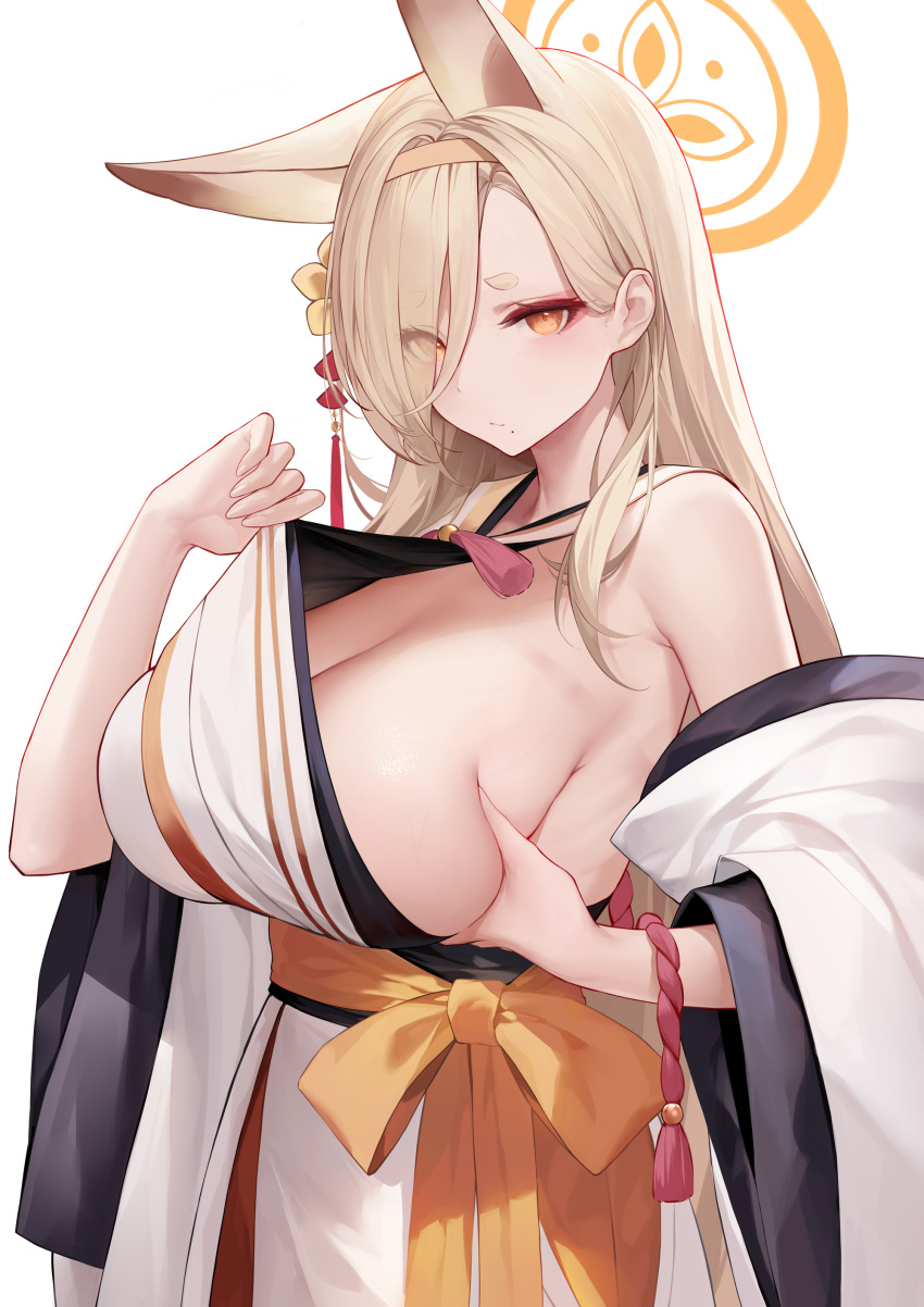 1girl absurdres an_yasuri animal_ears banned_artist bare_shoulders blonde_hair blue_archive breasts detached_sleeves fox_ears grabbing_own_breast hair_over_one_eye hairband halo highres japanese_clothes kaho_(blue_archive) kimono large_breasts mole mole_under_mouth sideboob solo thick_eyebrows white_background