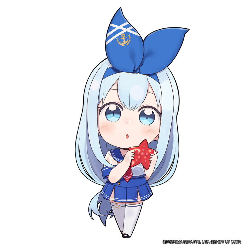 1girl anchor_(nikke) anchor_print animal blue_eyes blue_hair blue_ribbon blue_sailor_collar blue_skirt chibi commentary full_body goddess_of_victory:_nikke hair_ribbon hands_up highres holding holding_animal long_hair looking_at_viewer necktie official_art parted_lips pleated_skirt red_necktie ribbon sailor_collar see-through shirt skirt starfish thighhighs totatokeke very_long_hair wet wet_clothes wet_shirt white_shirt white_thighhighs