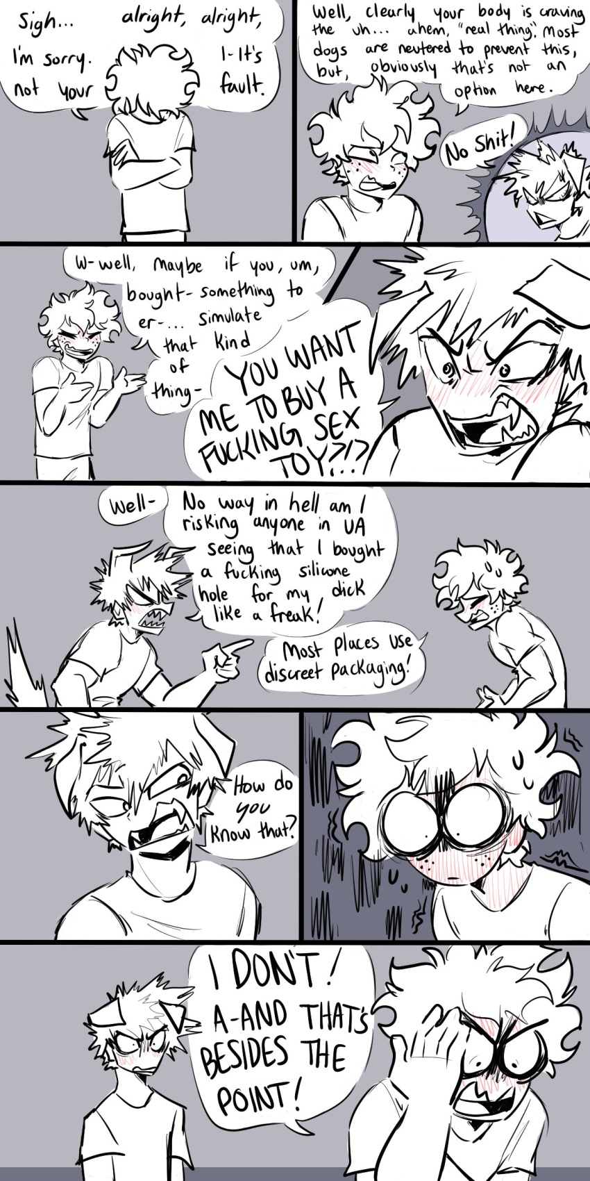 absurd_res angry animal_humanoid blush canid canid_humanoid canine canine_humanoid clothed clothing comic dialogue dog_humanoid duo embarrassed english_text fangs floppy_ears fully_clothed hi_res human humanoid izuku_midoriya katsuki_bakugou male mammal mammal_humanoid my_hero_academia nervous_sweat pretty_werewolf profanity speech_bubble teeth text yelling