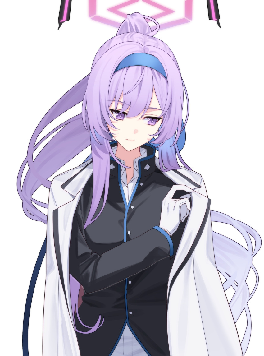 1girl absurdres alternate_hairstyle blue_archive chip_le_cree facing_to_the_side feet_out_of_frame floating_headgear gakuran gloves halo headgear highres jacket long_hair long_sleeves looking_to_the_side official_alternate_costume ponytail purple_eyes purple_hair purple_headwear school_uniform sidelocks simple_background solo upper_body utaha_(blue_archive) utaha_(cheer_squad)_(blue_archive) white_gloves white_jacket