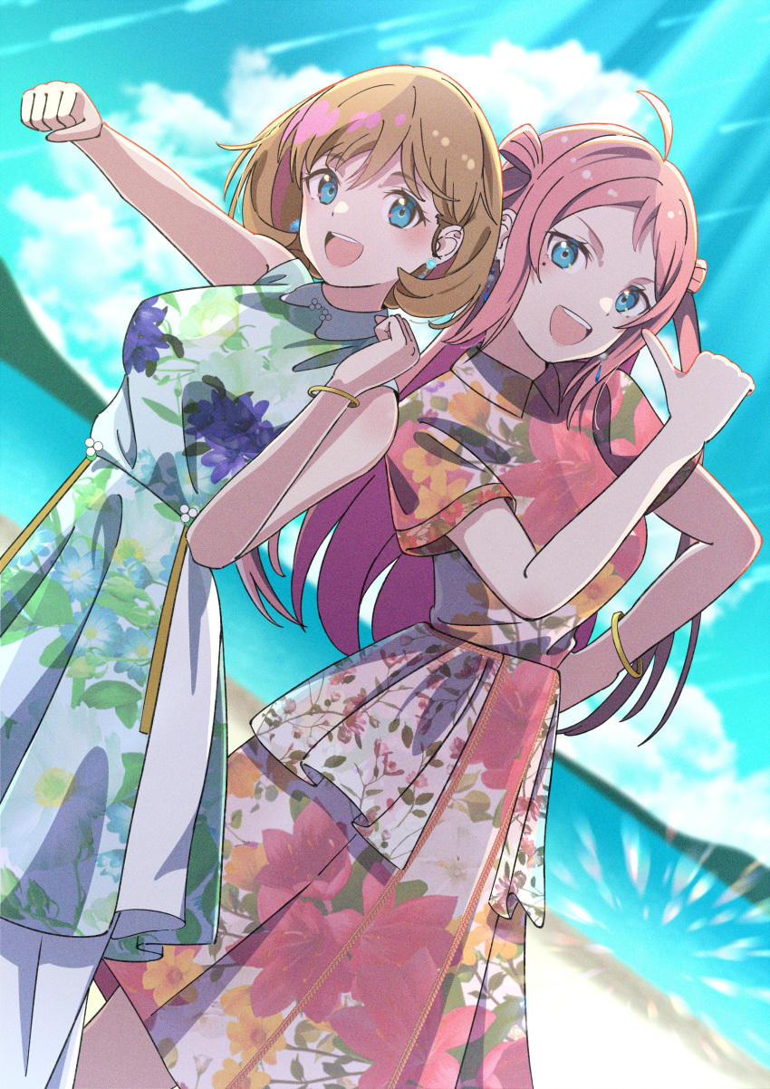 2girls absurdres ahoge beach blue_eyes blue_sky breasts collared_dress country_connection dress dutch_angle feet_out_of_frame floral_print fujiwaland grey_hair highres in-franchise_crossover long_hair looking_at_viewer love_live! love_live!_nijigasaki_high_school_idol_club love_live!_superstar!! medium_breasts mole mole_under_eye multiple_girls nogizaka46 ocean open_mouth parted_bangs red_dress short_hair short_sleeves sidelocks sky sleeveless sleeveless_dress swept_bangs tang_keke teeth trait_connection two_side_up upper_teeth_only white_dress wristband zhong_lanzhu