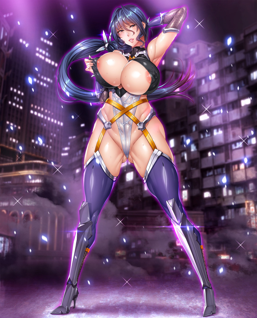 1girl absurdres blue_hair blush bodysuit breast_press breasts city covered_erect_nipples curvy embarrassed fei_(maidoll) full_body highleg highleg_leotard highres huge_breasts leotard long_hair night partially_visible_vulva ponytail pussy_juice revealing_clothes shiny_skin sweat taimanin_(series) taimanin_asagi_kessen_arena thong_leotard uehara_rin wide_hips