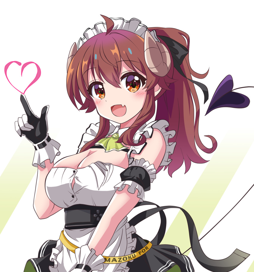 1girl :d ahoge apron arm_cuffs ascot black_gloves black_ribbon black_skirt blush breast_strap breasts brown_eyes brown_hair button_gap chest_strap cleavage cosplay curled_horns demon_girl demon_horns demon_tail detached_collar fang frills gloves goddess_of_victory:_nikke green_ascot hair_ribbon heart highres horns large_breasts long_hair looking_at_viewer machikado_mazoku maid maid_apron maid_headdress n88_colpla open_mouth ponytail ribbon skin_fang skirt sleeveless smile soda_(nikke) soda_(nikke)_(cosplay) solo tail two-tone_gloves voice_actor_connection white_apron white_gloves yoshida_yuuko_(machikado_mazoku)