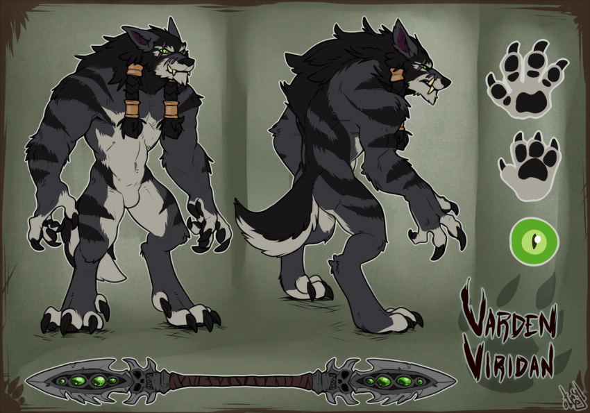 2023 anthro atryl blizzard_entertainment bottomwear canid canine clothing druid featureless_crotch jewelry looking_at_viewer magic_user male mammal model_sheet muscular muscular_male necklace shorts solo tail tribal_spellcaster varden_viridan warcraft weapon were werecanid werecanine werewolf worgen