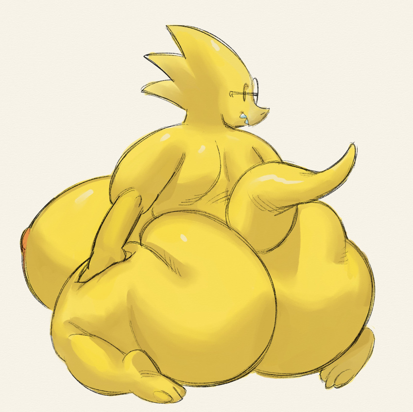 absurd_res alphys anthro areola back_boob big_breasts big_butt breasts butt eyewear female glasses hi_res huge_breasts huge_butt hyper hyper_breasts lizard looking_at_viewer looking_back nipples non-mammal_breasts nondelismell orange_areola orange_nipples reptile scalie sitting solo undertale_(series) yellow_body