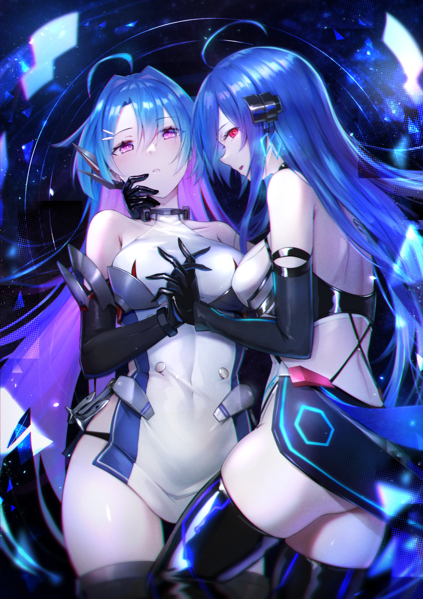 2girls absurdres ahoge armpit_crease ass azur_lane back_cutout bare_shoulders black_footwear black_gloves black_panties black_thighhighs blue_hair boots breasts clothing_cutout dual_persona elbow_gloves gloves hand_on_another's_face helena_(azur_lane) helena_(meta)_(azur_lane) highres holding_hands interlocked_fingers kai_(ootamuno12) long_hair looking_at_another looking_at_viewer medium_breasts multicolored_hair multiple_girls panties purple_eyes purple_hair red_eyes tabard thigh_boots thighhighs thighs two-tone_hair underwear