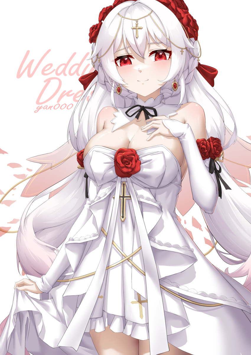 1girl absurdres artist_name bare_shoulders blush breasts bridal_veil chinese_commentary cleavage closed_mouth cowboy_shot cross cross_earrings detached_collar detached_sleeves dress earrings english_text flower hair_between_eyes hair_flower hair_ornament hand_on_own_chest highres honkai_(series) honkai_impact_3rd jewelry large_breasts long_hair looking_at_viewer luna_(honkai_impact) official_alternate_costume red_eyes red_flower red_rose ribbon rose simple_background skirt_hold smile solo strapless strapless_dress theresa_apocalypse theresa_apocalypse_(luna_kindred) theresa_apocalypse_(lunar_vow:_crimson_love) twintails veil wedding_dress white_background white_dress white_hair yan_(unicorn404)